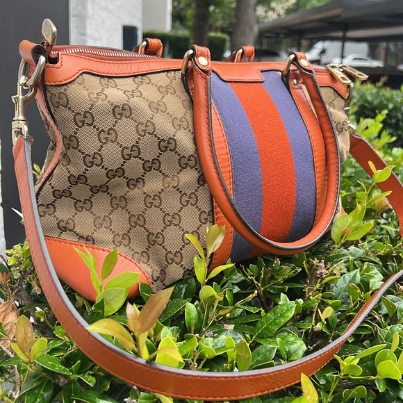 SOLD 🛑 GUCCI GG Canvas Sherry Line Hand Bag 2way Blue Beige Orange - Picture 3 of 17